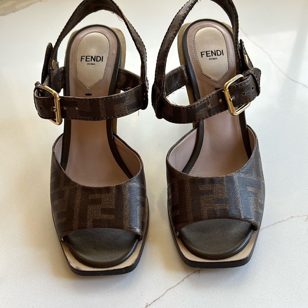 Fendi Dark Brown FF Motif Logo Ankle Strap Sandal Peep Toe Heel Pump Wedge 36.5